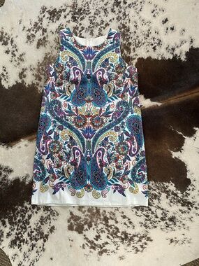 Sleeveless Paisley Print Shift Dress - White with Multicolor Paisley
